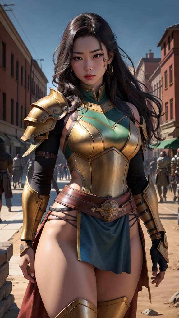 Realistic 1.3, 8k, (work of art), (best quality), perfect eyes, perfect face, Volumetric lighting, 1 , tall warrior, an asian girl, sexy, athletic body, Long hair, heavy armor, huge shoulder pads, gauntlets, layer, waist belt, spear, leather panties, stern expression, lipstick, eye shadow, masquerade 1.2, thick eyelashes, five deados, perfect hands, dark fantasy, open air