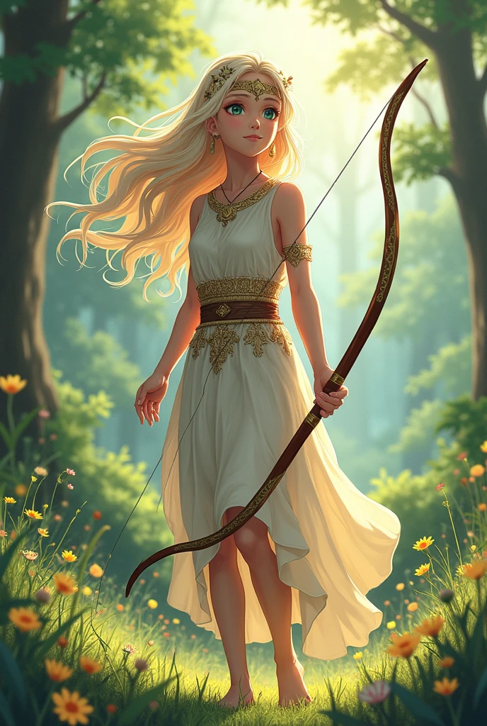 Beautiful female archer, holding a bow, Delicate face, beautiful eyes, Detailed facial features, Flowing long hair, Elegant Posture, Fantasy Landscape, Dense forest, blond，Sunlight through the trees, Soft tones, Dramatic Lighting, Film composition, number, Extremely detailed, (best quality,4K,8K,high resolution,masterpiece:1.2),Extremely detailed,(Practical,photoPractical,photo-Practical:1.37)