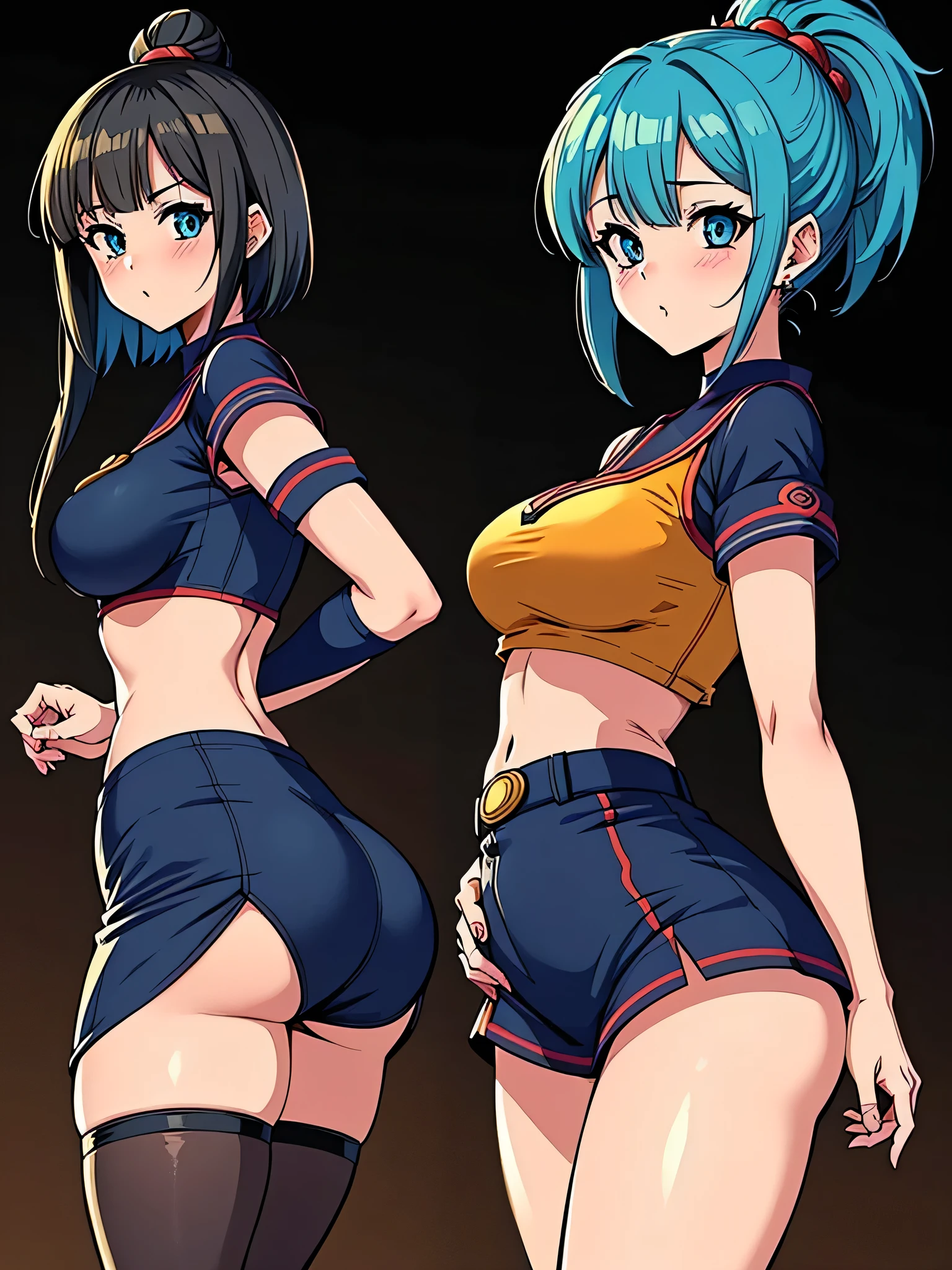 all realistic anime intricate details: "1 girl view,bulma (Dragon Ball), features: by the blue, big and expressive eyes. Specialty: Engineer and scientist. outfit: She usually wears very short and comfortable casual clothes.. bulma es una chica sensual y seductora profesional"