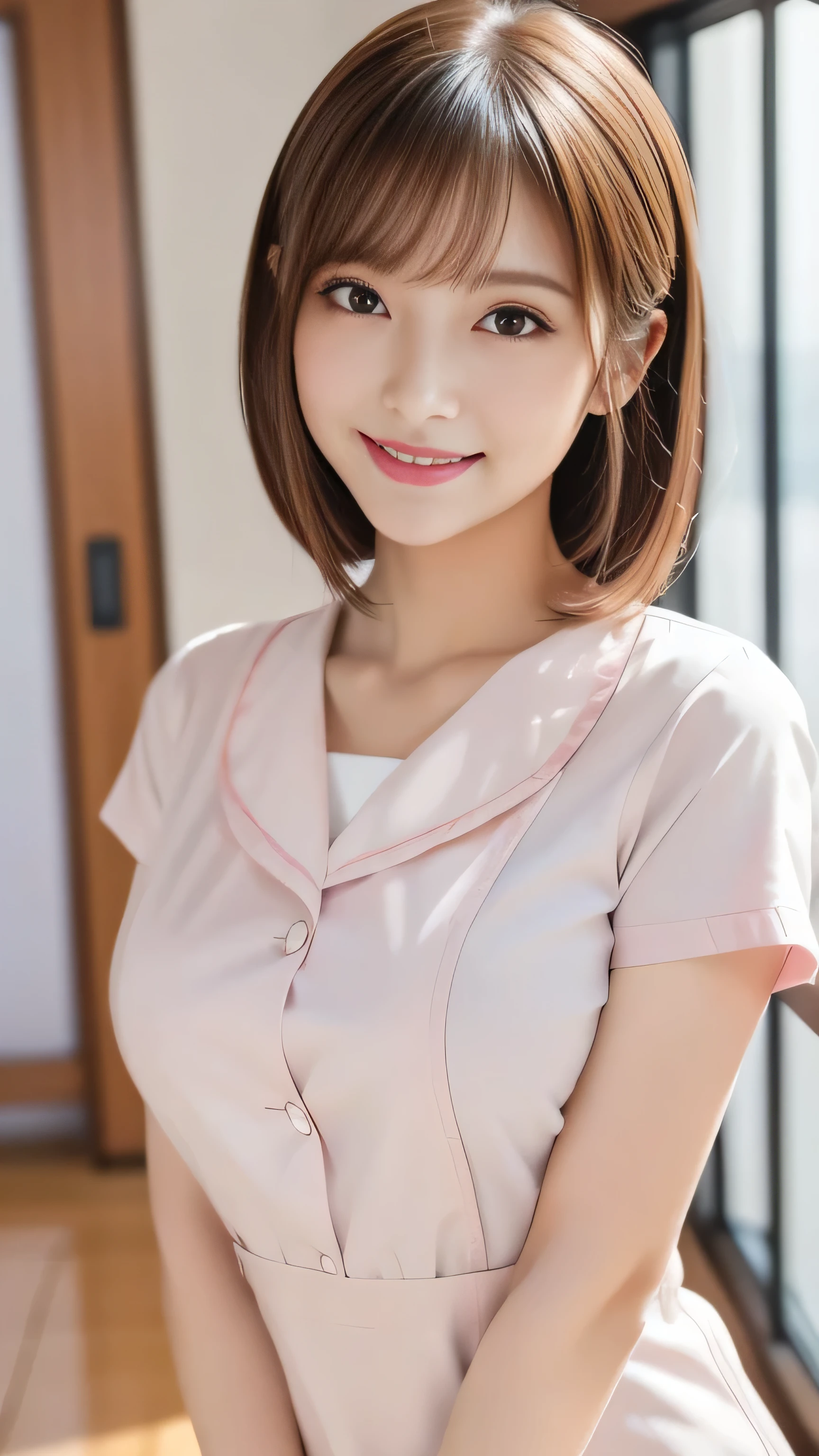 highest quality、8k wallpaper、Reality:1.4、Cinema Lighting、View your viewers、background:An all-white room、1 beautiful girl、Japanese Idol、1、Beautifully detailed eyes、Detailed face、Beautiful Skin、Slender、Slim waist、Thin legs、Red lipstick、Fancy hairstyle:1.8、Random hair color、Light Hair、Asymmetrical bangs、Japanese nurse outfit、Light pink nurse uniform、smile:1.5、Seductive pose