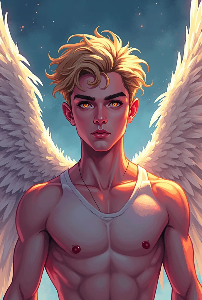 handsome white male, angel, Spreading wings in the sky, spread light, surrealism, looking down from the sky, a lonely mood, Crying, Falling leaves falling from the sky