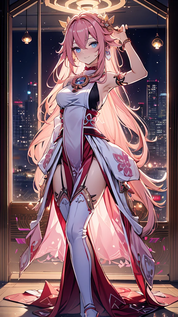 (full body shot  of:1.4), space art, Waka Inoue、Big ass、large full breasts、1 cheongsam woman，Standing posture，Transparent robot arm，Slender figure，perfectly proportions，Delicate hair accessories, Smile，Transparent Mechanical Shoes, Oriental elements, ( Bokeh)，High quality，4K，。.。.。.3D