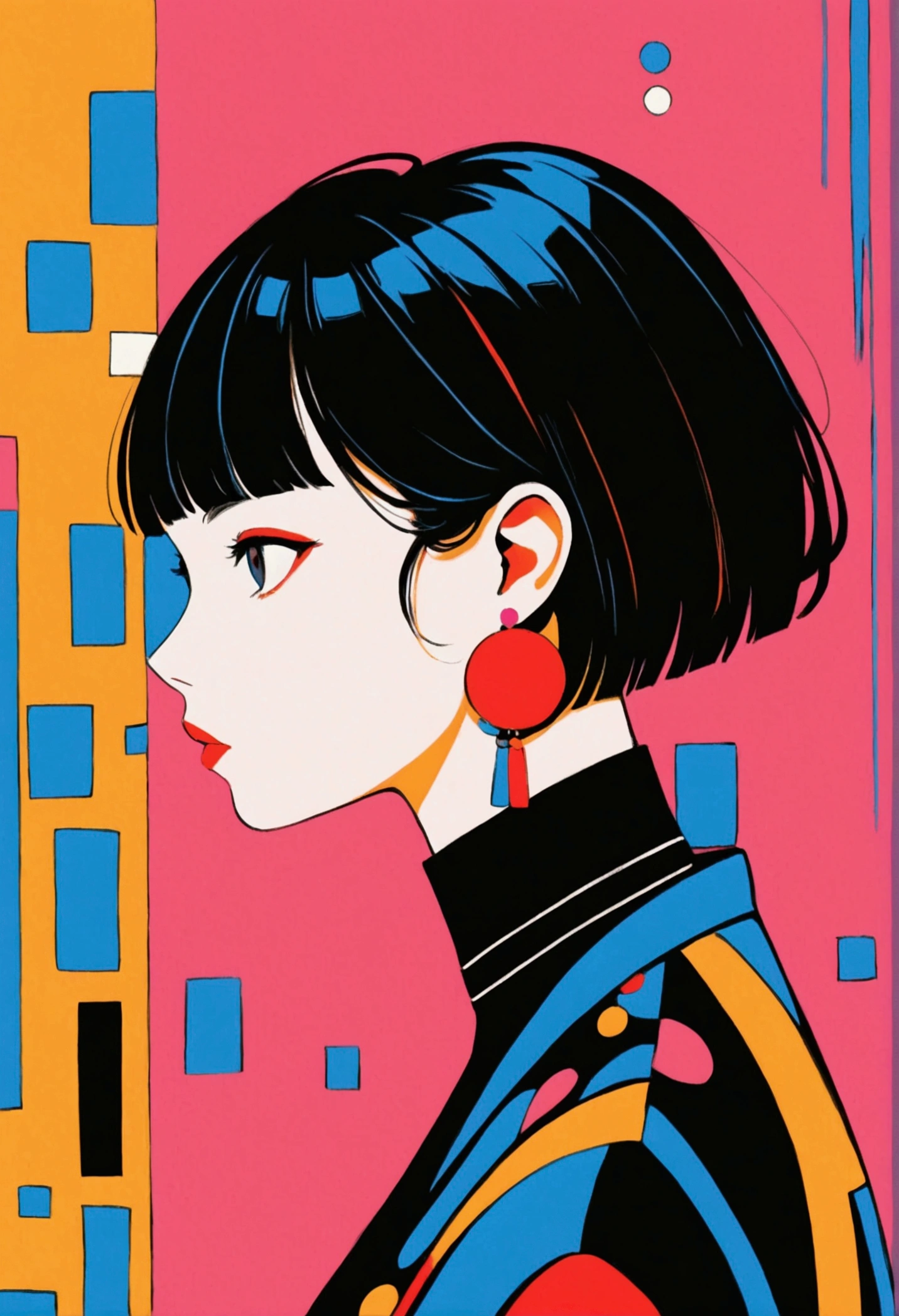 short, straight black hair with bangs, large round white and red earrings, standing with head turned to the side, wearing a black top with a blue collar, looking towards the right, pink background, bold and colorful illustration style, well-defined edges, high contrast colors, bright and lively atmosphere, artistic and modern.