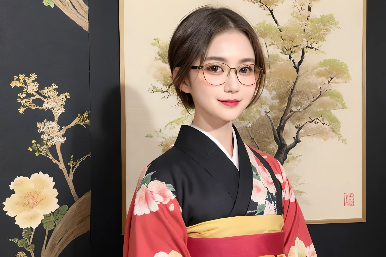 2 (20-year-old woman,Short Hair) , (A kind smile) , (kimono), (colorful), (Japanese painting by Uemura Shōen), flower, Glasses