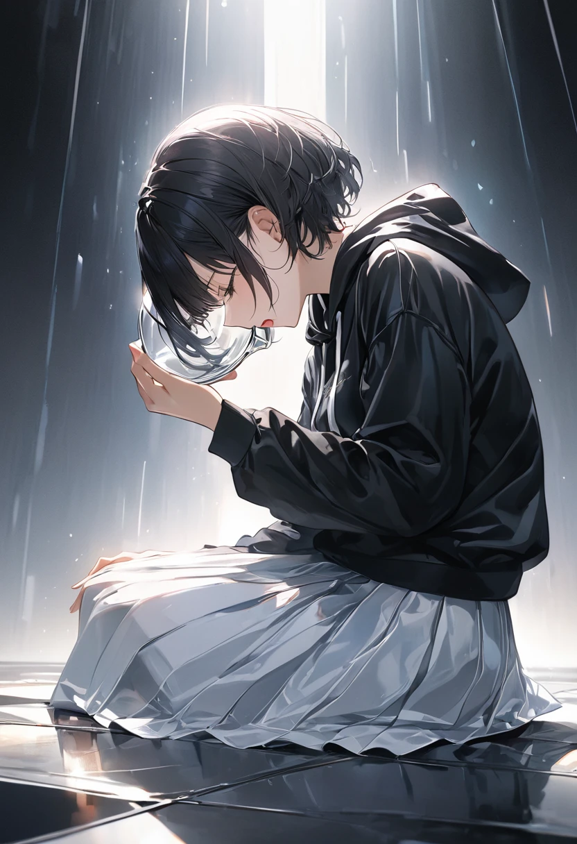 anime、((Amazingly absurd)),(masterpiece:1.2),超High resolution, Attention to detail, high quality, High resolution, 最high quality, 4K, 8k、One woman、Glass Clothes、Black hoodie、White Skirt(Glass Clothes)、Black Hair、Short Hair、Sitting on the floor、Crying、profile、Open your mouth、Atmosphere of despair、White and black background、Reach out in front、To ask for help、Light shines in from the direction of your outstretched hand、it&#39;s raining、A look of despair、3rd person perspective、Side view composition