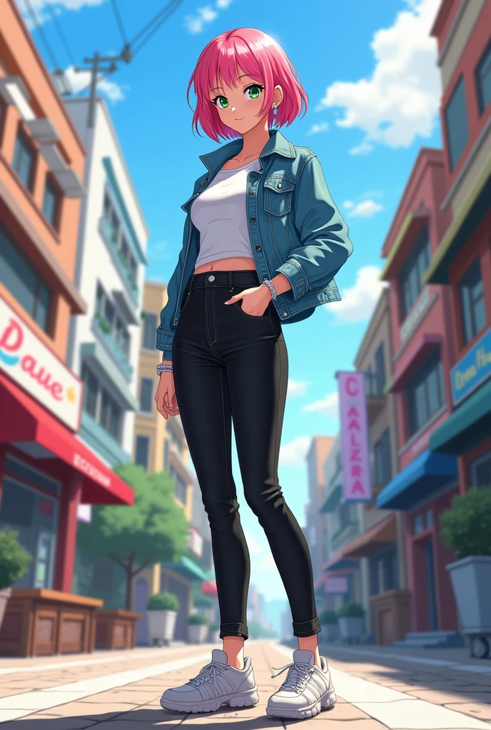 "Depict Sakura Haruno as a modern teenage girl in an anime-style illustration. She has vibrant pink hair cut into a stylish bob that frames her face, with her iconic bangs sweeping to one side. Her bright green eyes sparkle with determination and kindness.

Sakura is dressed in a trendy outfit consisting of a fitted, casual white t-shirt paired with a stylish denim jacket. She wears high-waisted black jeans that complement her athletic build and a pair of fashionable sneakers. Accessories like a simple bracelet and small hoop earrings add a touch of flair to her look.

In the background, a lively urban scene captures the essence of a bustling city, with colorful shops and cafes. The sunlight filters through the buildings, casting a warm glow on Sakura as she stands confidently, ready to take on the day. The illustration emphasizes her youthful energy and strong spirit, blending modern fashion with the charm of anime."