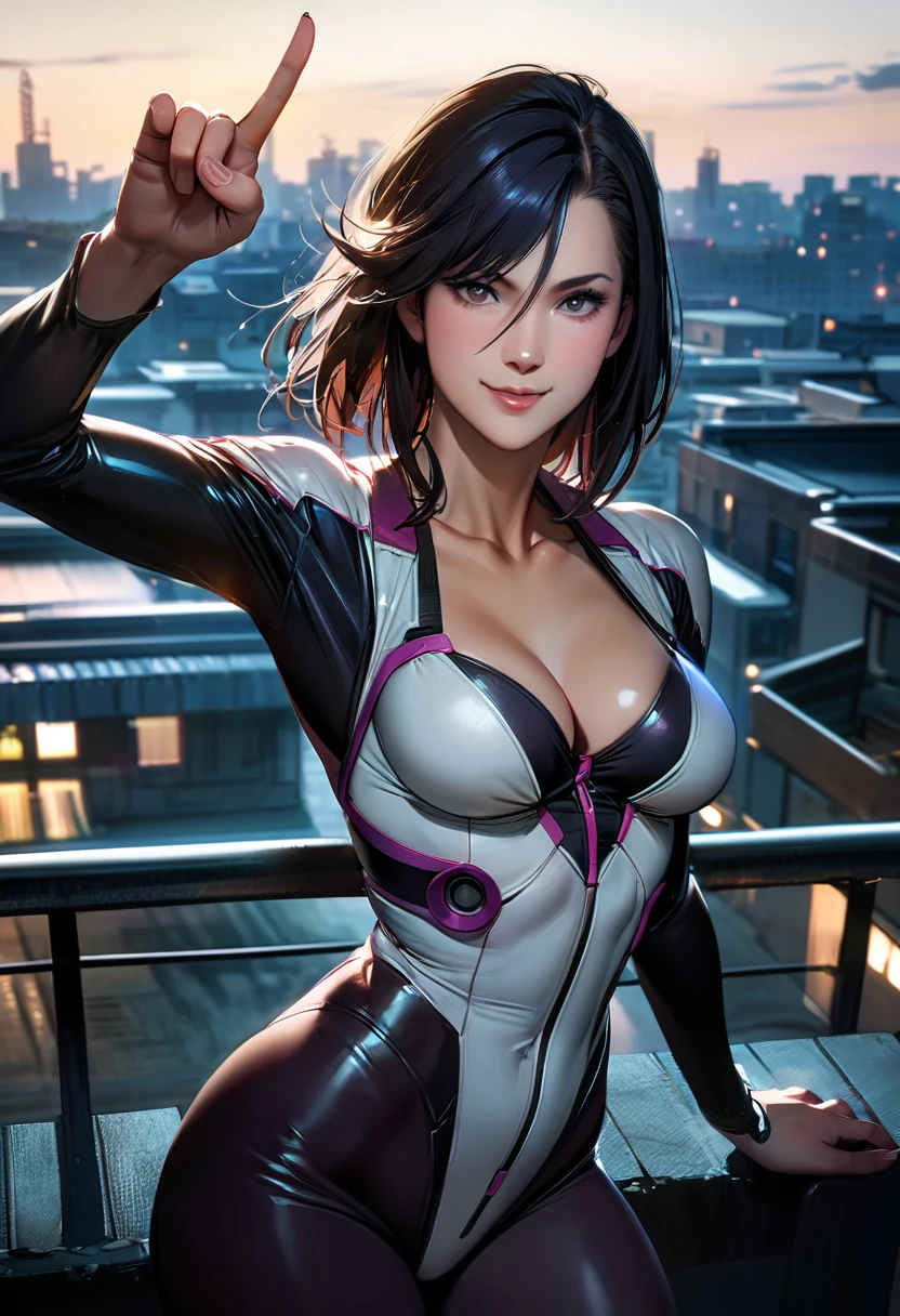 fsa3ko,saeko_suit,perfect hands, perfect finger,perfect anatomy, masterpiece, best quality,realistic, hyperrealistic, 16k hdr, medium breasts,cleavage,smile, outdoor,Rooftop,midnight,sexy pose for photo,arm up