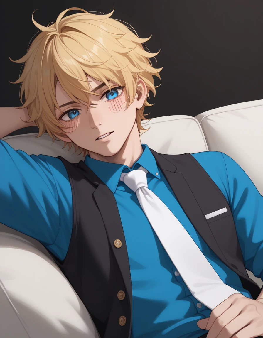 A slim young man with blonde hair(Blonde、Thin eyebrows、Scar on left eye、Curly Hair、Curly hair、Short Hair、Round eyes、Thin eyebrows、Korean idol style、Blue Shirt、White scarf tie、Black vest)、Lying on a big sofa、Masturbation、Penis Study、President&#39;s Office
