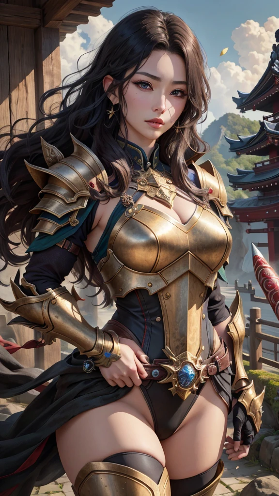 Realistic 1.3, 8k, (work of art), (best quality), perfect eyes, perfect face, Volumetric lighting, 1 , tall warrior, a japanese girl, sexy, athletic body, Long hair, heavy armor, huge shoulder pads, gauntlets, layer, waist belt, spear, leather panties, stern expression, lipstick, eye shadow, masquerade 1.2, thick eyelashes, five deados, perfect hands, dark fantasy, open air