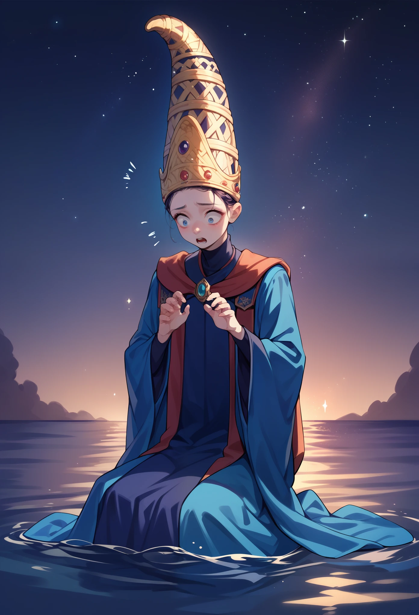 score_9, score_8_up, score_7_up, 1girl, solo, (teen:1.5), teenager, Rennala, crown, dress, blue robe, wide sleeves, long sleeves, shocked, shaking,  looking down, kneeling, night, on water, starry night, empty background