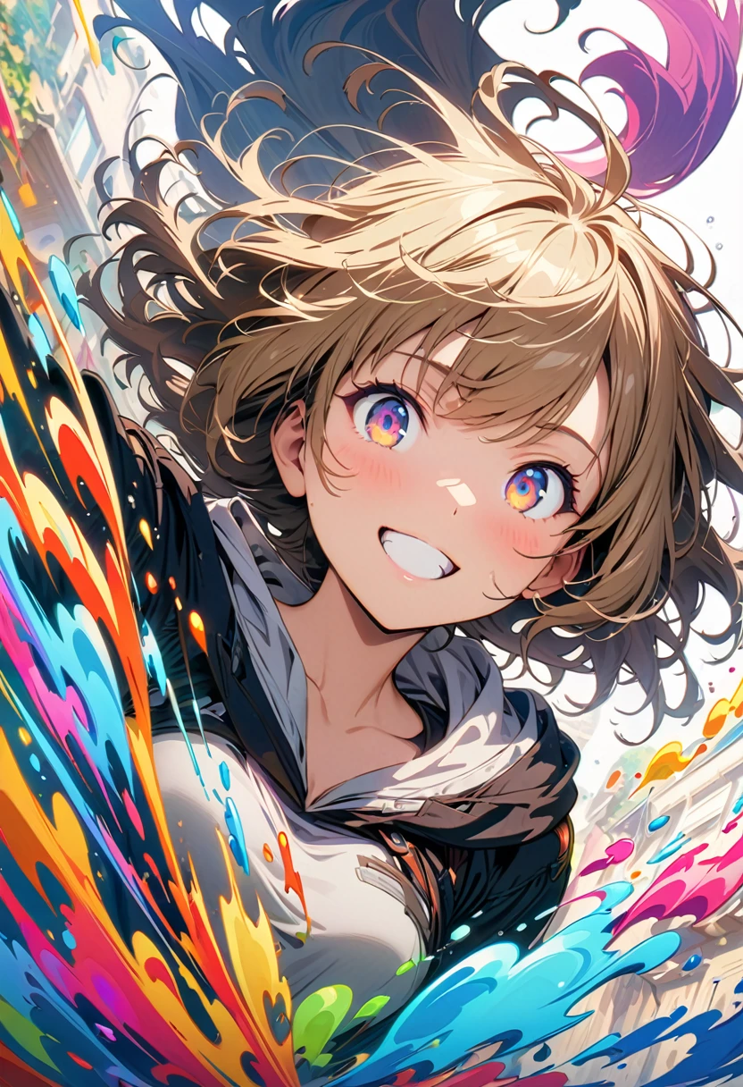 (masterpiece, Best Quality, Official Art:1.2), (colorful), Looking at the audience, One Girl, Alone, White background, floating colorful water, Ultra-fine illustrations, highly detailed, Dynamic Angle, beautiful detailed, 8k, break smiling amidst the colorful scenes, (Best Quality, masterpiece, High resolution, detailed), Anime Style, (Shining Eyes, detailed美しい顔), break,Dynamic Angle