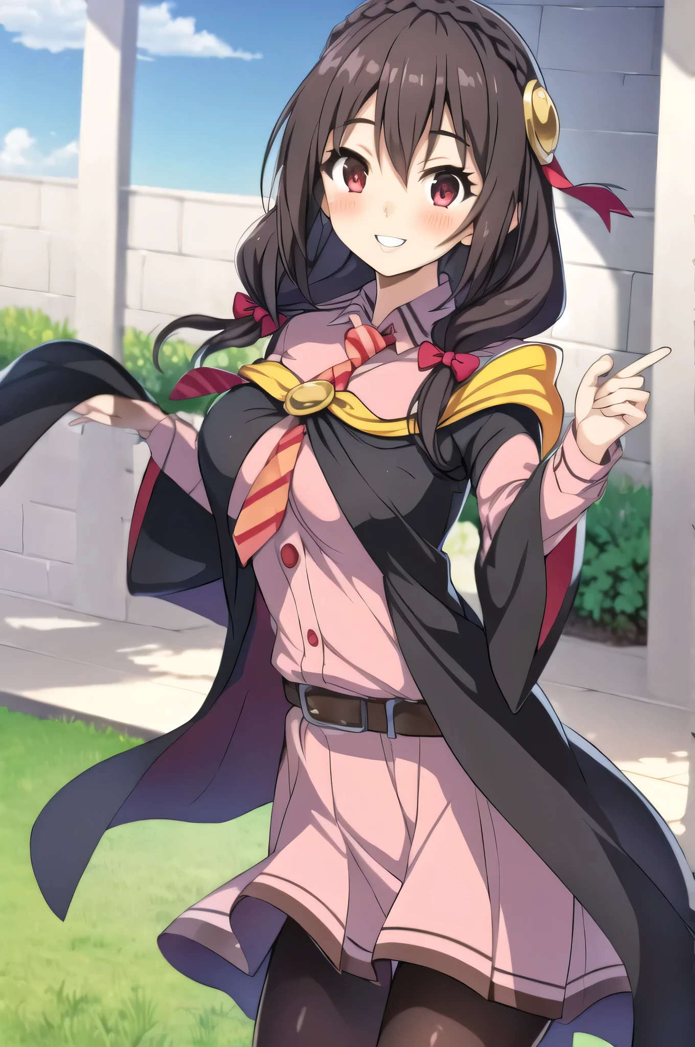 (masterpiece, best quality), anime、1girl,    yunyun,long hair,braid,twintails,hair between eyes,hair bow,hair ornament,large breasts,(cape:1.2),necktie,shirt,pink shirt,long sleeves,belt,pink skirt,pantyhose,loafers,brown footwear、(The best smile:1.5),(blush:1.5)、blue sky、lawn、Crimson Eyes、Grinning