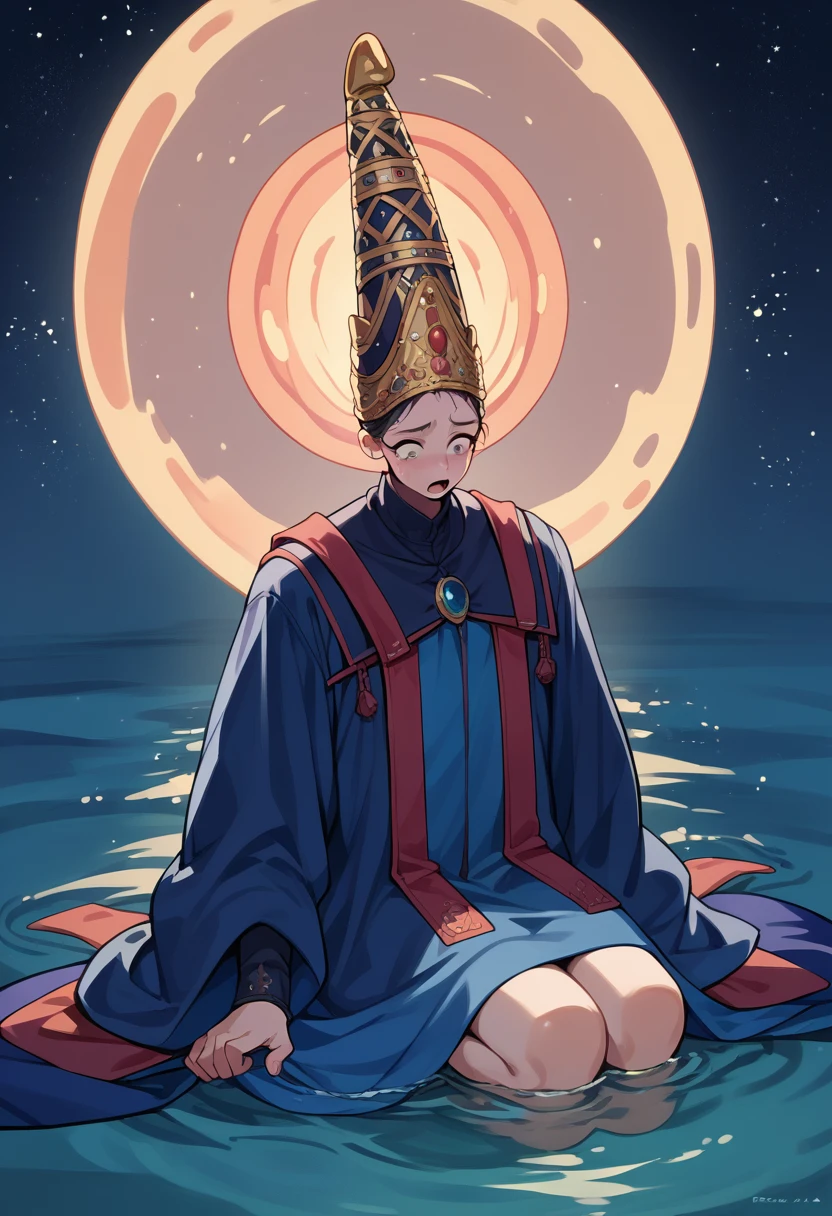 score_9, score_8_up, score_7_up, 1girl, solo, (teen:1.5), teenager, Rennala, crown, dress, blue robe, wide sleeves, long sleeves, shocked, shaking,  looking down, kneeling, night, on water, starry night, empty background, Oversized Clothes