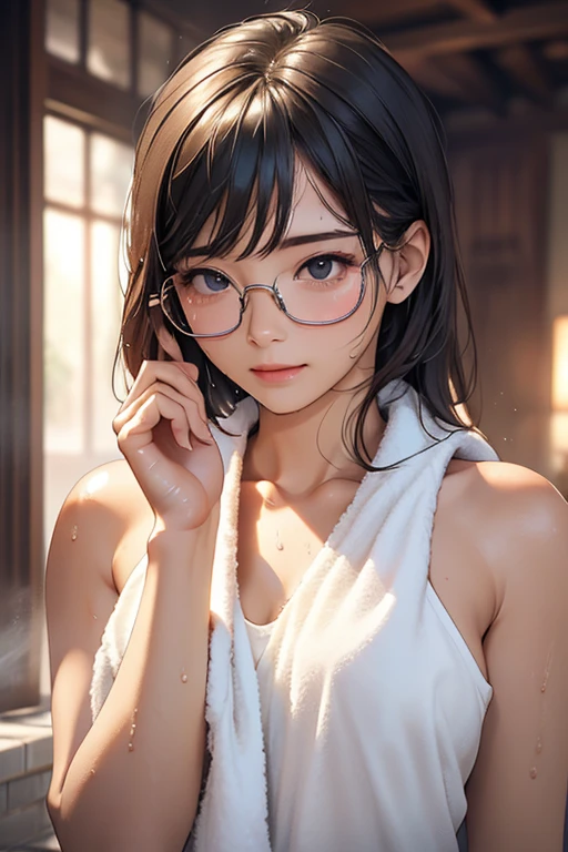 Best image quality, masterpiece, ultra high definition, (Fidelity: 1.4), photo, one girl, [(sadness)], white shirt, dim, dark, hopeless, pathetic, cinematic, tears, tears, (torn clothes: 1.5), (wet clothes: 1.4), bare shoulders, real rain, wet hair,.. round brown glasses, sheer,