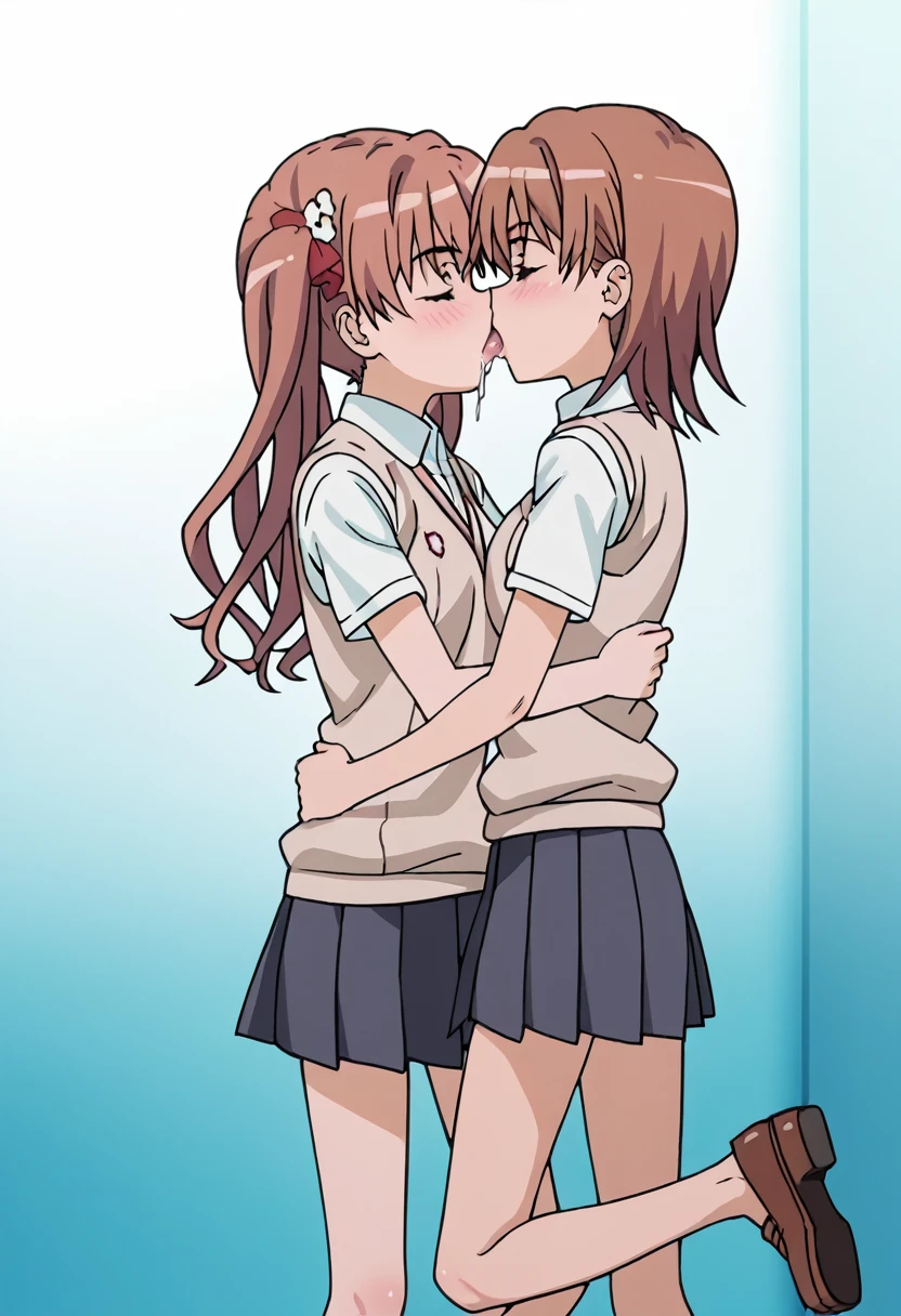 2 females, different hair styles, full body, embracing, blushing, looking at each other, slightly closed eyes, french kissing, tongue out, saliva, drooling,                                                                    BREAK, brown shoes                                                                                                                                                                                              first female, kuroko shirai, brown hair, long hair, twin tails, BREAK  black skirt, collared shirt, dress shirt, pleated skirt, safety pin, school uniform, shirt, short sleeves, skirt, summer uniform, sweater vest, tokiwadai school uniform, white shirt, BREAK 

second female, mikotomisaka, mikoto misaka, short straight hair, brown hair, brown eyes,
skirt, shirt, school uniform, white shirt, short sleeves, pleated skirt, grey skirt, sweater vest, tokiwadai school uniform,
office setting
