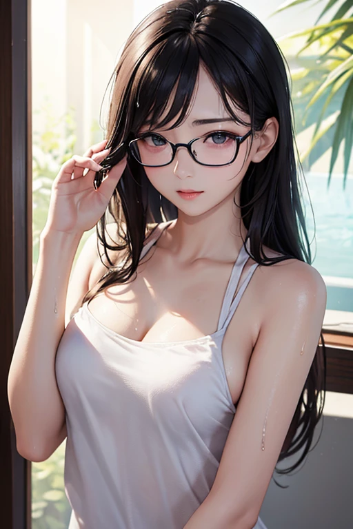 etailed photo of a beautiful japanese girl, wearing attraactive glasses, extremely detailed facial features, beautiful eyes, long eyelashes, perfect skin, flawless complexion, glossy lips, elegant expression, long silky black hair, figure, advertising cute pink and white bikini, intricate bikini design, posing in natural outdoor setting,