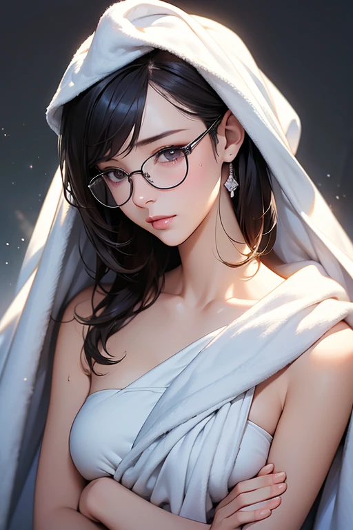 Best Quality、masterpiece、High sensitivity、High resolution、Detailed Description、Delicate facial depiction、Slender women、Glasses、Wet hair、Wipe with a towel、