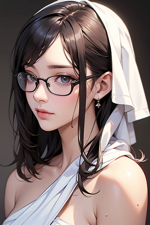 Best Quality、masterpiece、High sensitivity、High resolution、Detailed Description、Delicate facial depiction、Slender women、Glasses、Wet hair、Wipe with a towel、