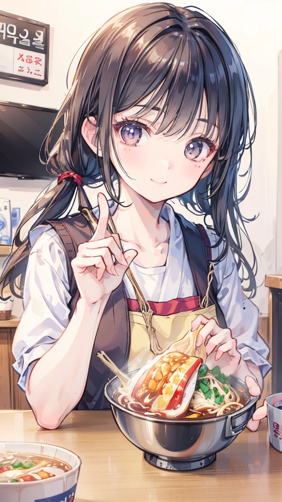 (masuter piece,Best Quality,Ultra-detailed), (A detailed face),Magazine Articles,1girl in,Black hair,Aimei,age19,cute little,Warm smile,I'll eat a giant pizza,Floral apron,foods,Texto,advertisement,magazine title