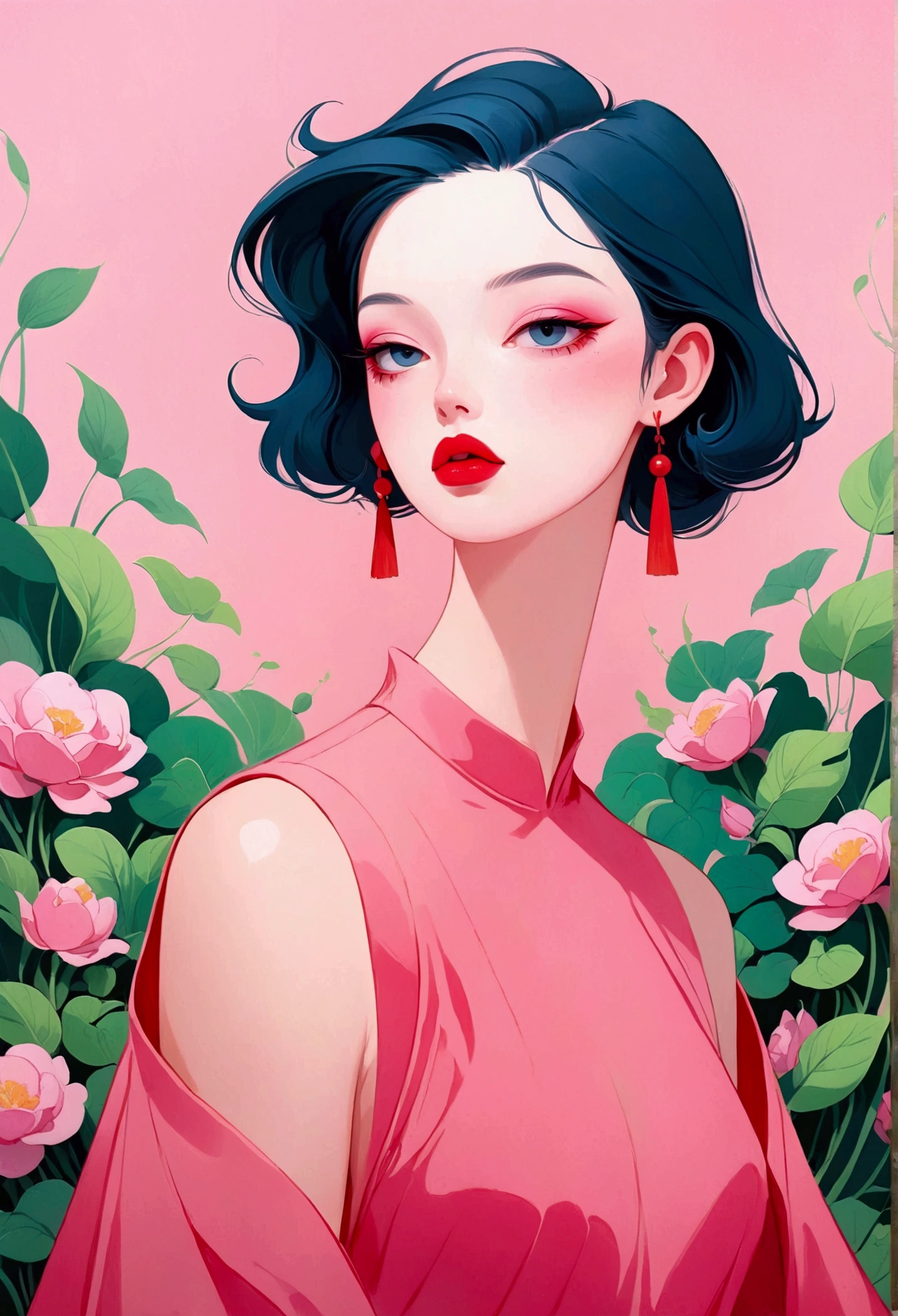 painting of a woman with a pink dress and red lips, rossdraws pastel vibrant, inspired by James Jean, loish |, loish art style, soft anime illustration, 2 d gouache illustration, style of james jean, trending on artstration, rossdraws cartoon vibrant, loish and clamp style, matte gouache illustration, illustration painting, pastel style painting, painting illustration