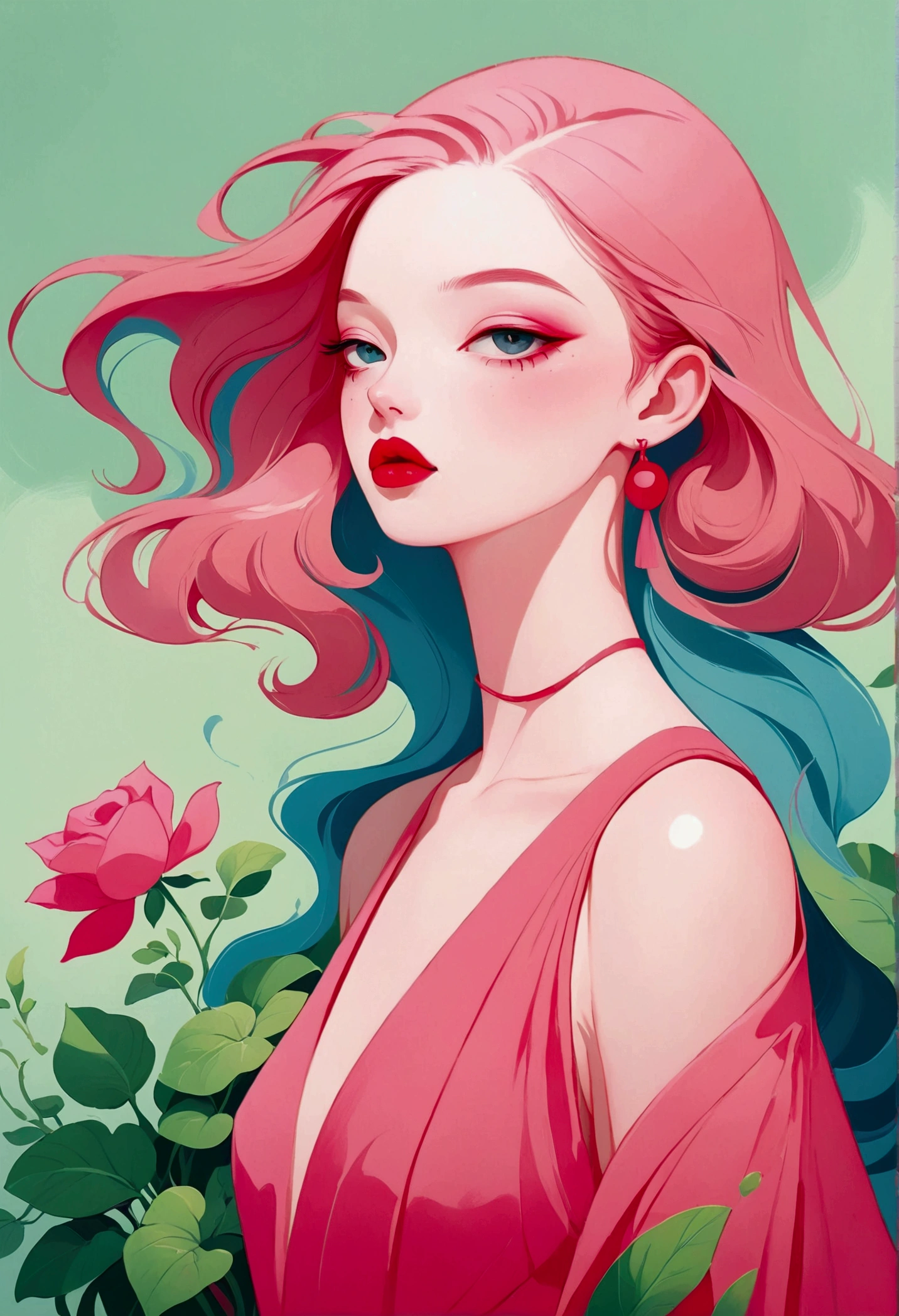 painting of a woman with a pink dress and red lips, rossdraws pastel vibrant, inspired by James Jean, loish |, loish art style, soft anime illustration, 2 d gouache illustration, style of james jean, trending on artstration, rossdraws cartoon vibrant, loish and clamp style, matte gouache illustration, illustration painting, pastel style painting, painting illustration