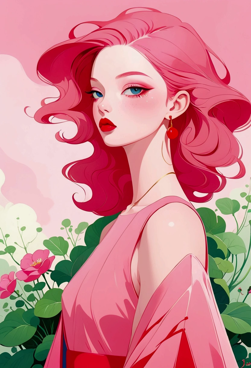 painting of a woman with a pink dress and red lips, rossdraws pastel vibrant, inspired by James Jean, loish |, loish art style, soft anime illustration, 2 d gouache illustration, style of james jean, trending on artstration, rossdraws cartoon vibrant, loish and clamp style, matte gouache illustration, illustration painting, pastel style painting, painting illustration