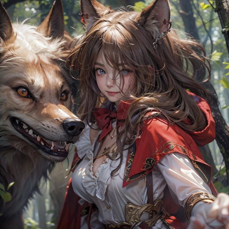high details, best quality, 8k, [ultra detailed], masterpiece, best quality, (extremely detailed), dynamic angle, ultra wide shot, RAW, photorealistic, fantasy art, dnd art, rpg art, realistic art, a wide angle picture of a female huaman ranger hunting a wolf, human ranger, warrior of nature full body, [[anatomically correct]]. dynamic position (1.5 intricate details, Masterpiece, best quality) armed with a longbow(1.6 intricate details, Masterpiece, best quality) in a fantasy forest (1.5 intricate details, Masterpiece, best quality), a woaman wearing red hood, red cloak, long cloak, flowing cloak (1.4 intricate details, Masterpiece, best quality), blond hair, intense bright eyes, fantasy forest  background (intense details), big wolf (1.4 intricate details, Masterpiece, best quality), dynamic light (1.4 intricate details, Masterpiece, best quality), dynamic angle, (1.4 intricate details, Masterpiece, best quality) 3D rendering, high details, best quality, highres, ultra wide angle