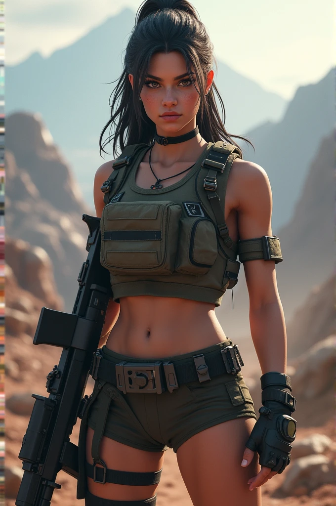 Nationality Asian British mixed,
Gender Female,
A skinny and emaciated body,
soldier ,During the war, she was shooting with an M110 sniper rifle. She had pigtails, a deep pink torn top, and a torn skirt.