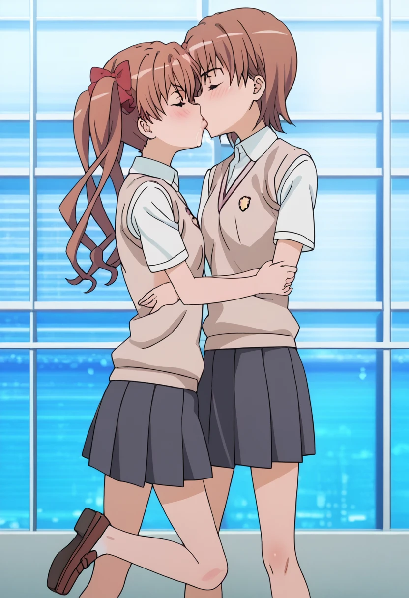 2 females, different hair styles, full body, embracing, blushing, looking at each other, slightly closed eyes, french kissing, tongue out, saliva, drooling,                                                                    BREAK, brown shoes                                                                                                                                                                                              first female, kuroko shirai, brown hair, long hair, twin tails, BREAK  black skirt, collared shirt, dress shirt, pleated skirt, safety pin, school uniform, shirt, short sleeves, skirt, summer uniform, sweater vest, tokiwadai school uniform, white shirt, BREAK 

second female, mikotomisaka, mikoto misaka, short straight hair, brown hair, brown eyes,
skirt, shirt, school uniform, white shirt, short sleeves, pleated skirt, grey skirt, sweater vest, tokiwadai school uniform,
city
