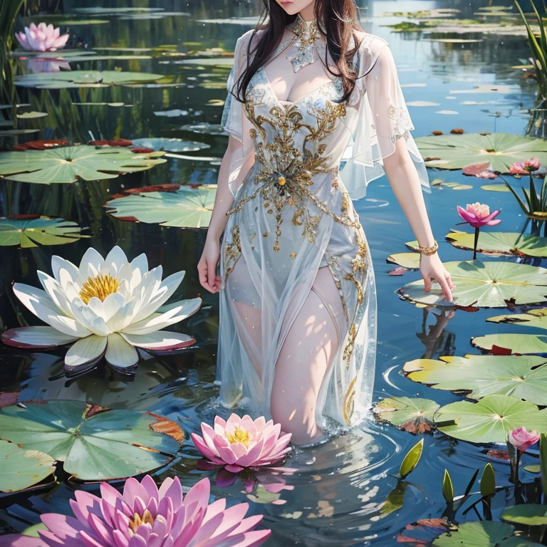 Beautiful woman wearing intricate Chinese cheongsam on the surface of a pond,Brown hair,Many pink lotus flowers,Many green lotus leaves fill the space,Super detailed close-up photography of lotus pond moonlight。This is a close-up photography of a woman,(This woman has perfect body proportions:1.8),(Mid-chest and thin waist:1.8),(Small thin buttocks:1.8),(Hair is neat:1.8),(the feet:1.8),Detailed and informative,Realist conception,The style is original,UHD resolution,photorealestic,Realistis,eyes looking at viewer,(The eye:1.8),Hibiscus moon and water drops,bokha mood,sunraise,(An extremely delicate and beautiful girl:1.8),8k wallpaper,primitive{{{tmasterpiece}}},RAW photogr,(8K at its best, tmasterpiece:1.8), (realisticlying, realisticlying:1.8), ultra - detailed,(tmasterpiece:1.8),best qualtiy,tmasterpiece,hires,Original,Very detailed ultra HD wallpapers,perfect litthing,Detailed facial features are beautiful and beautiful,(Realistic and beautiful facial features:1.8),Detailed limbs are sound and beautiful,(Realistic and beautiful limbs:1.8),The super detailed movements make people feel elegant and dignified and beautiful,(White as jade, lustrous and flexible, smooth arms and legs:1.8),(The fingers of the left hand point in a unified direction:1.7),(The fingers of the right hand point in a unified direction:1.7)