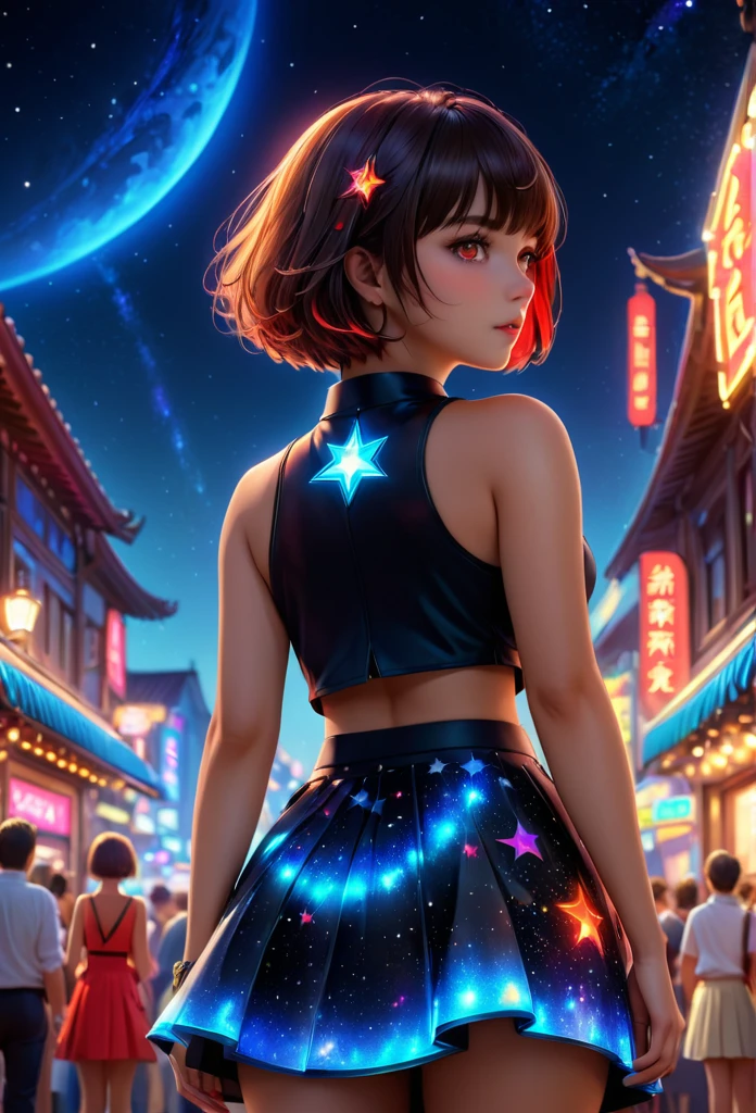 ((masterpiece)), (Best quality),, Official Art, Highly detailed CG Unity 8k wallpaper, Very detailed, glowing skin, Depth of field, Vivid colors,, 1 woman, (Curvaceous:0.4), (whole body:0.6),, short hair, bangs, red eyes, skirt, Looking at the viewers, night, distance, neon, Looking back, star (sky), crowd, Upper body,