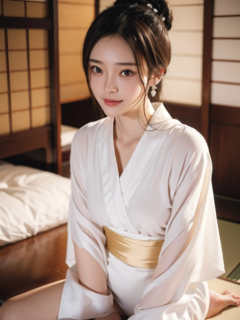 The oil painting on canvas employs the palette knife technique in the style of John Singer Sargent. Its distinctive feature is the use of swift vertical strokes from top to bottom, creating an image with high clarity and thick layers of overlapping paint.
The painting depicts a full-length, low-angle view of a Thai-Japanese woman dressed in an ancient-patterned kimono. Her hair is styled traditionally Japanese and adorned with pearls. Her face is gently illuminated, showcasing a slight empathetic smile. She sits on the veranda of a traditional Japanese house, surrounded by brightly colored Iris ensata flowers, symbolizing beauty, love, and protection. The warm, soft sunlight casts light and shadow on her face, adding depth and realism to the scene, representing elegance and purity.
The background scene features Iris ensata flowers bathed in golden sunlight, creating a highly detailed image with broad depth of field, radiant mapping, and high dynamic range. This piece is considered a masterpiece in the style of John Singer Sargent.