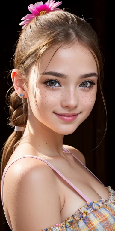 Photo of a 1 European girl, .RAW, beautiful woman, (Light brown hair ponytail) ponytail hairstyle, banda para el cabello color amarillo, Blue eyes , freckles on cheeks , Metal braces on the teeth , nice smile , big smile , ((portrait)), ((detailed face:1.2)), ((Detailed facial features)), (finely detailed skin), pale skin,short-sleeved white shirt with a pink flower , medium breasts 、Yellow skirt with plaid pictures ,falda con patrones de cuadros, flower-shaped buckle 、a sexy one(cool color), humid, humid, Reflectors, (Tabletop) (perfect proportions)(realistic photos)(The best quality) (detailed) Photographed with a Canon EOS R5, 50mm lens, f/2.8, nffsw, (8K) (wallpaper) (cinematic lighting) (Dramatic lighting) (sharp focus) (Convoluted) fashion, Scenery , reflector light , Holding wooden doll