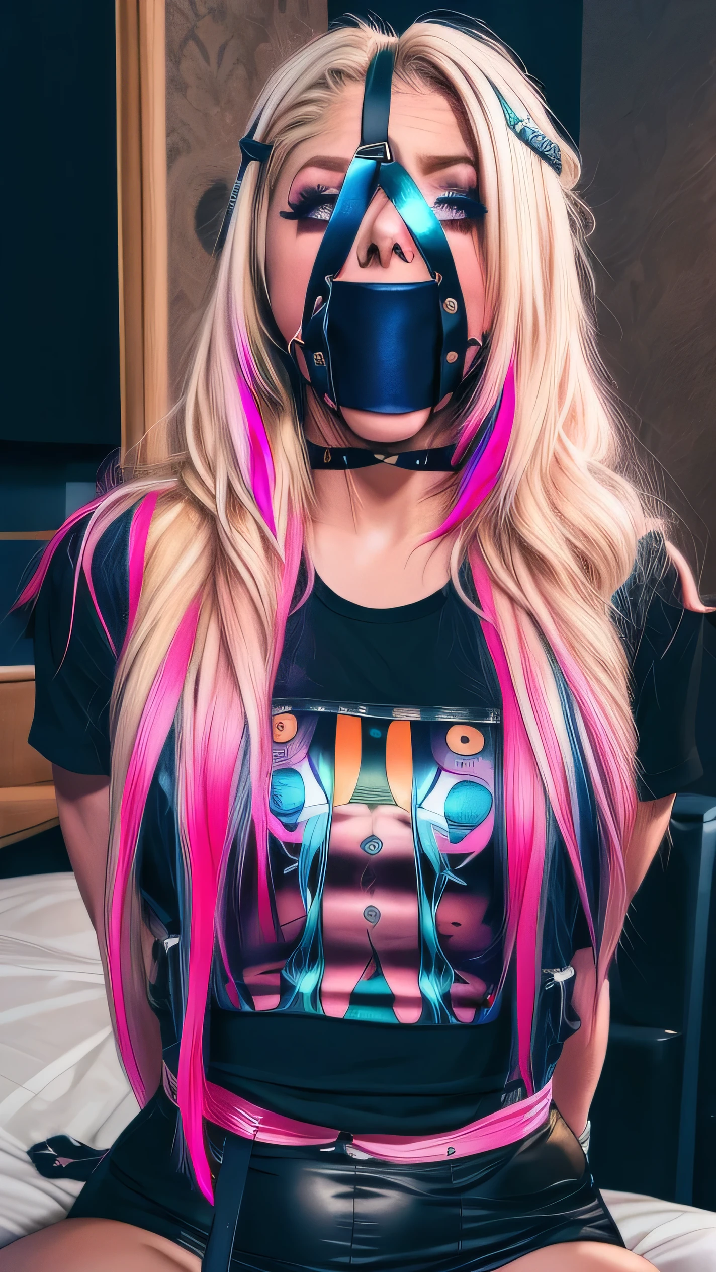 Best_QualityPos, RAW photo, intricate details, best quality, 8k uhd, soft lighting, 
1girl, solo, alexa bliss, blue eyes, long hair, multicolored hair, pink hair, blonde hair, 
black vest tshirt , panelgag, tied up, bondage, full body view