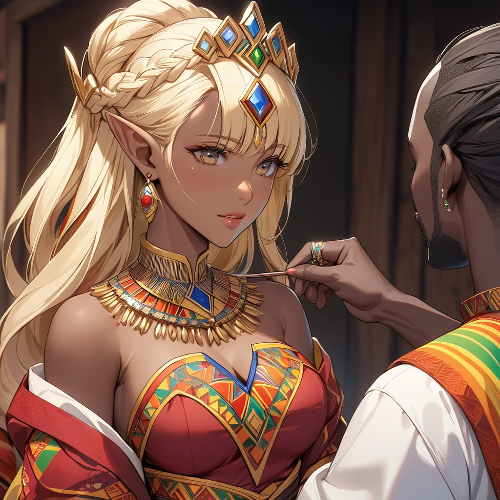 ((Best Quality)), ((masterpiece)), (detailed), （Perfect Face）、The high elf woman is Seras Ashlain, wearing a colorful Ghanaian national costume, gorgeous jewelry, and an engagement ring. Her blonde medium-long hair is finely braided into a braid, giving her the hairstyle of an African woman.