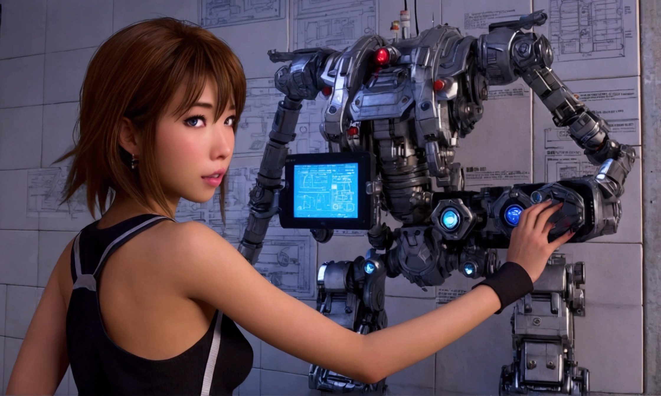 cute yuna (sexy technician outfit with frayed edges and many holes, grease smudges) is studying a mech's technical readouts on a wall (architectural design of mech), mech bay, focus on schematic
