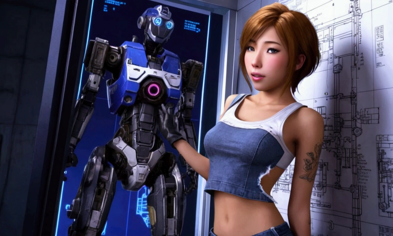 cute yuna (sexy technician outfit with frayed edges and many holes, grease smudges) is studying a mech's technical readouts on a wall (architectural design of mech), mech bay, focus on schematic
