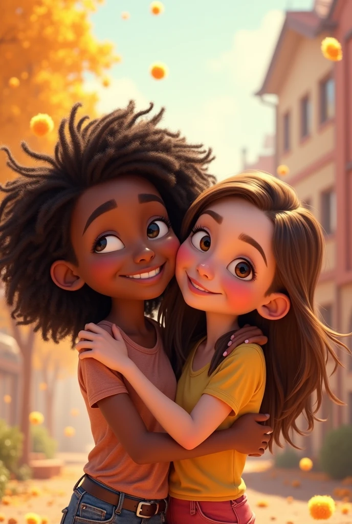 Create an image of a girl hugging a dark-skinned boy on a motorcycle and say Alan and Monse 