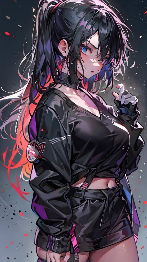 Anime girl with black hair and black top and black skirt, from girls frontline, digital art from danganronpa, 2b, 2 b, Fine details. Girl Front, kda, Ilya Kuvshinov. 4 k'', persona 5 art style wlop, Extremely detailed Artgerm, heavy gesture style closeup, Style Artgerm, an oppai cyberpunk