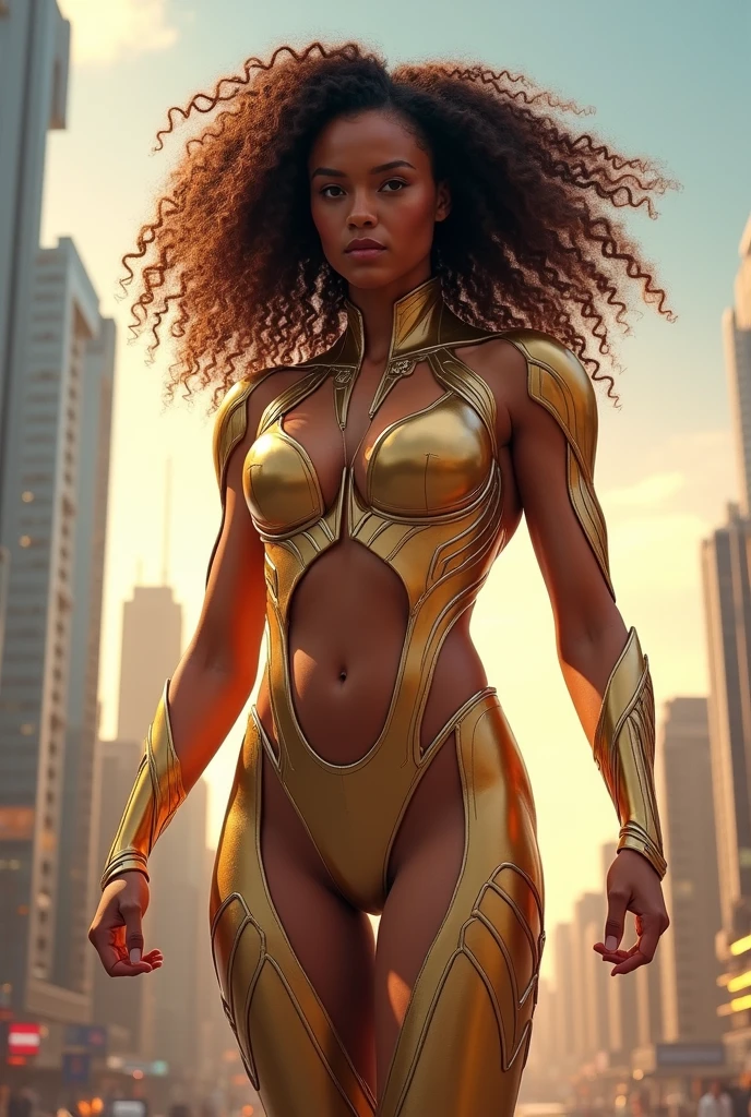 Ancient city, Photo, Full Shot, (female savage cyborg:1.3), (mechanical tentacle hair:1.4), 22 years old, outdoors, standing, on overlook, sprawling ancient city skyline background, toned physique, (metallic gold skin), perfect face, seductive look, (cyborg:1.3), lens flare, ray tracing, shallow depth of field, narrow hips, detailed face, skinny, petite, metallic large breasts, perfect hands, intricately detailed eyes, perfect lips, cinematic lighting, (subsurface scattering:0.9), (depth of field:1.4)