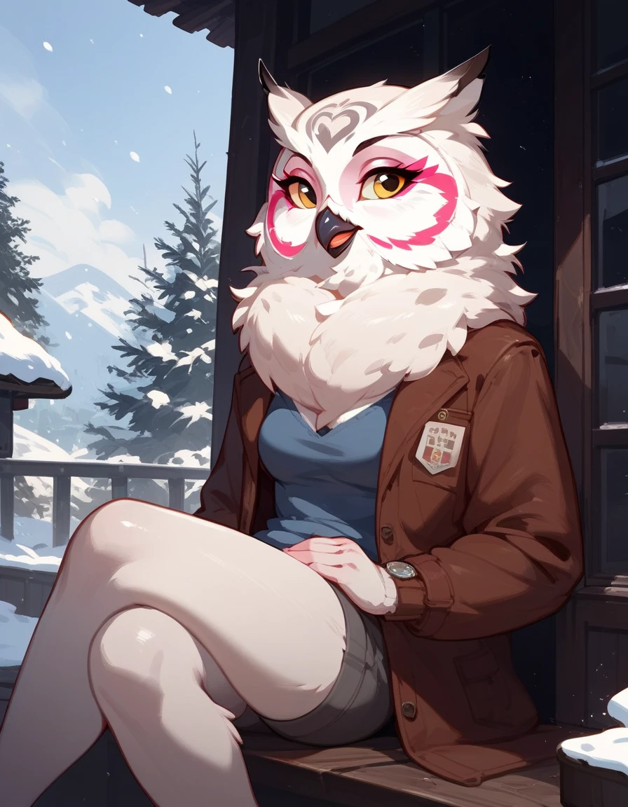 score_9,score_8_up,score_7_up, an Anthro avian snow owl, white and black female snow owl, beak, tall and curvy, naked, closed eyes, big round glasses, wearing black lingerie,