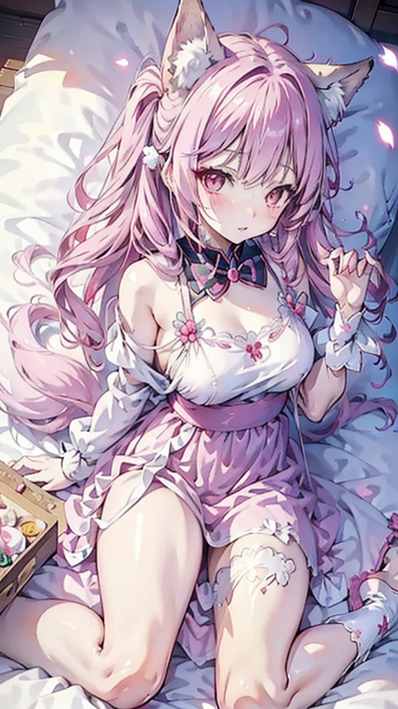 Nine snow-white fox tails (1.0), Milky white fox tail (1.0), Nine-tailed fox close-up, Nine Tails, Nine Tails, Pink Hair、Wearing a pink dress、Anime girl with flowers in her hair, very Beautiful anime fox girl, Beautiful anime fox girl, Beautiful fantasy anime, Gu Weiss, Anime girl with fox ears, Beautiful anime girl, Very beautiful and cute fox girl, Pink flower rain, Background blur, Anime style 4K, Anime Fantasy Artwork, 4k anime wallpaper, Guvez-style artwork