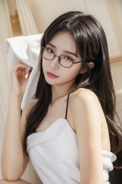 Best Quality、masterpiece、High sensitivity、High resolution、Detailed Description、Delicate facial depiction、Slender women、Glasses、Wet hair、Wipe with a towel、