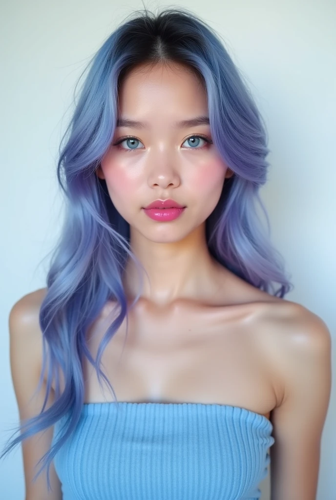 Selfie,Very detailed, Very realistic, ハイパーリアリズム, Ultra-realistic, (masterpiece, Stylish eyes with attention to detail: 1.2), (かわいい), 15 YO, Lipstick advertisement, ノースリーブ, Sheer blue tube top, girly style, Fashion studio white background, (Full body portrait :1.6), Standing with face and body facing me, Enhances skin texture, ゴージャスなメイクアップ, Highlight your lips, Big Mouth, Thick lips, Moist lips, Fuller lips, Glossy lips, Lips are shiny with lip balm, long blue violet hair, (Perfect oval shape with large eyes), Blue gorgeous perfect eyes, (Attractive young woman:1.3), (Charming:1.3), photorealistic, Soft lighting, 4K, Best Quality