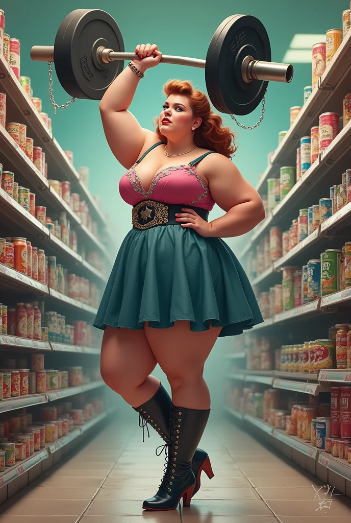 1950s pinup, Beautiful overweight punk woman, reaching, raised arm, supermarket shelves, pink blue multicoloured hair, stockings, garter belt, thick thighs, skater dress, studded belt, grabbing can, plump ass, from side, serious expression
