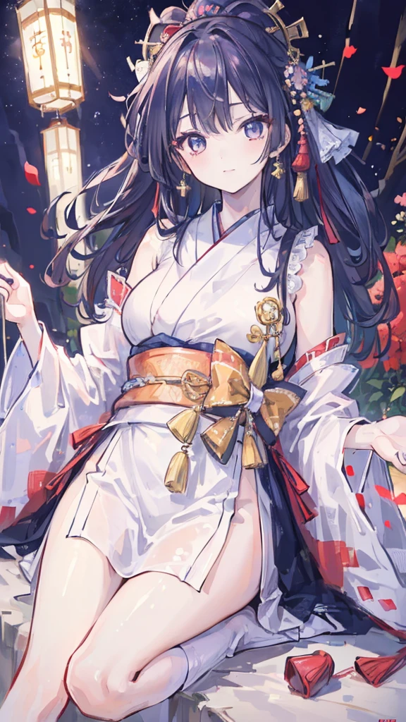 Miko Girl, Jet Black Eyes, Pretty Lips, Baby Face, Short Stature with thin waist and thin chest plate, short stature with black hair with shoulder mouths, bangs are hairstyles around the eyebrows, white and light purple shrine maiden clothes,