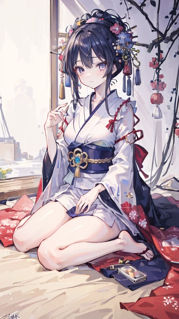 Girls under 5 years old, Up to 100cm high, kimono, Small breasts, Patterned cotton panties, Fabric Realism, Black Hair, No jacket