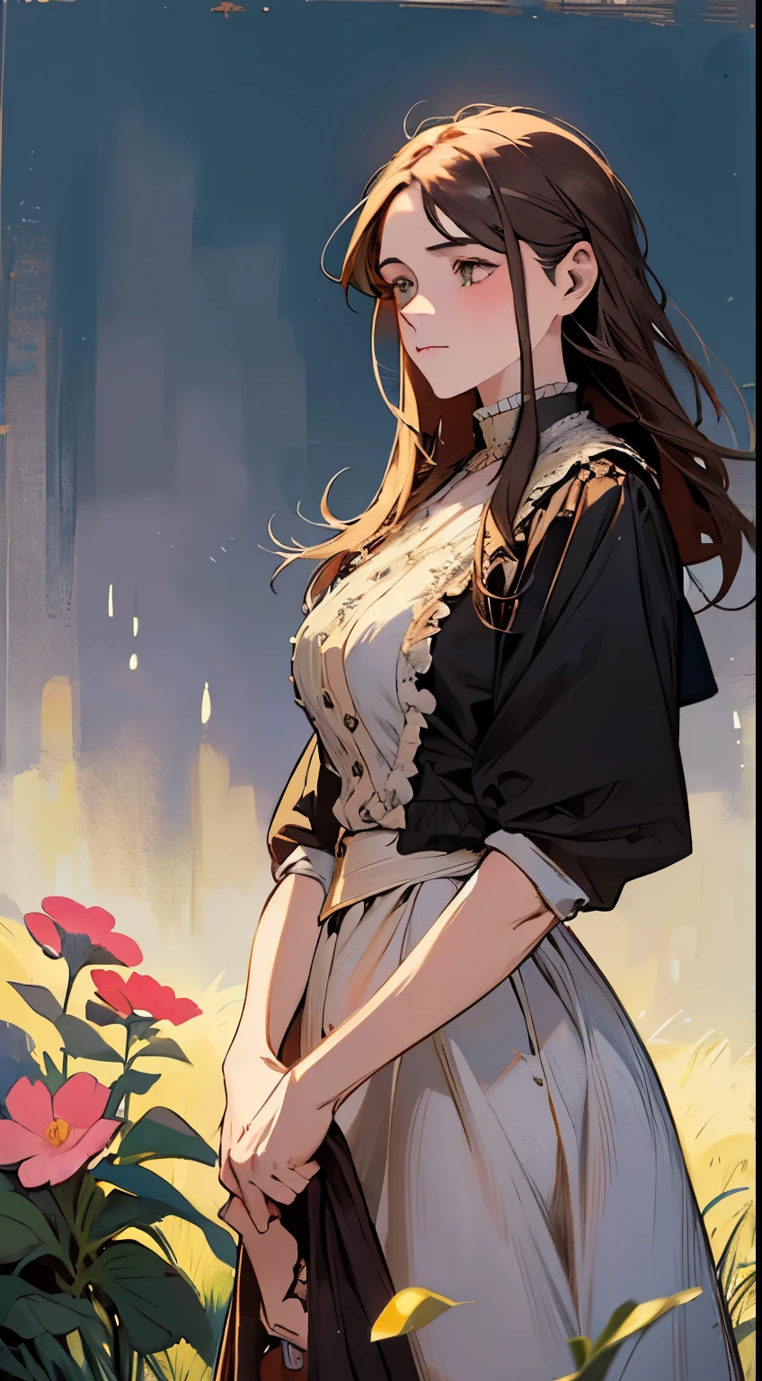 Painting of a woman standing on a hill with flowers in her hands, art by Édouard Bisson, krenzcushart, Opa jeremy lipkin, inspirado em Pierre Auguste Cot, Opa painting style, moebius + Roish + Opa, por Aleksander Gine, Marcos Ariane, inspirado em Cynthia Sheppard