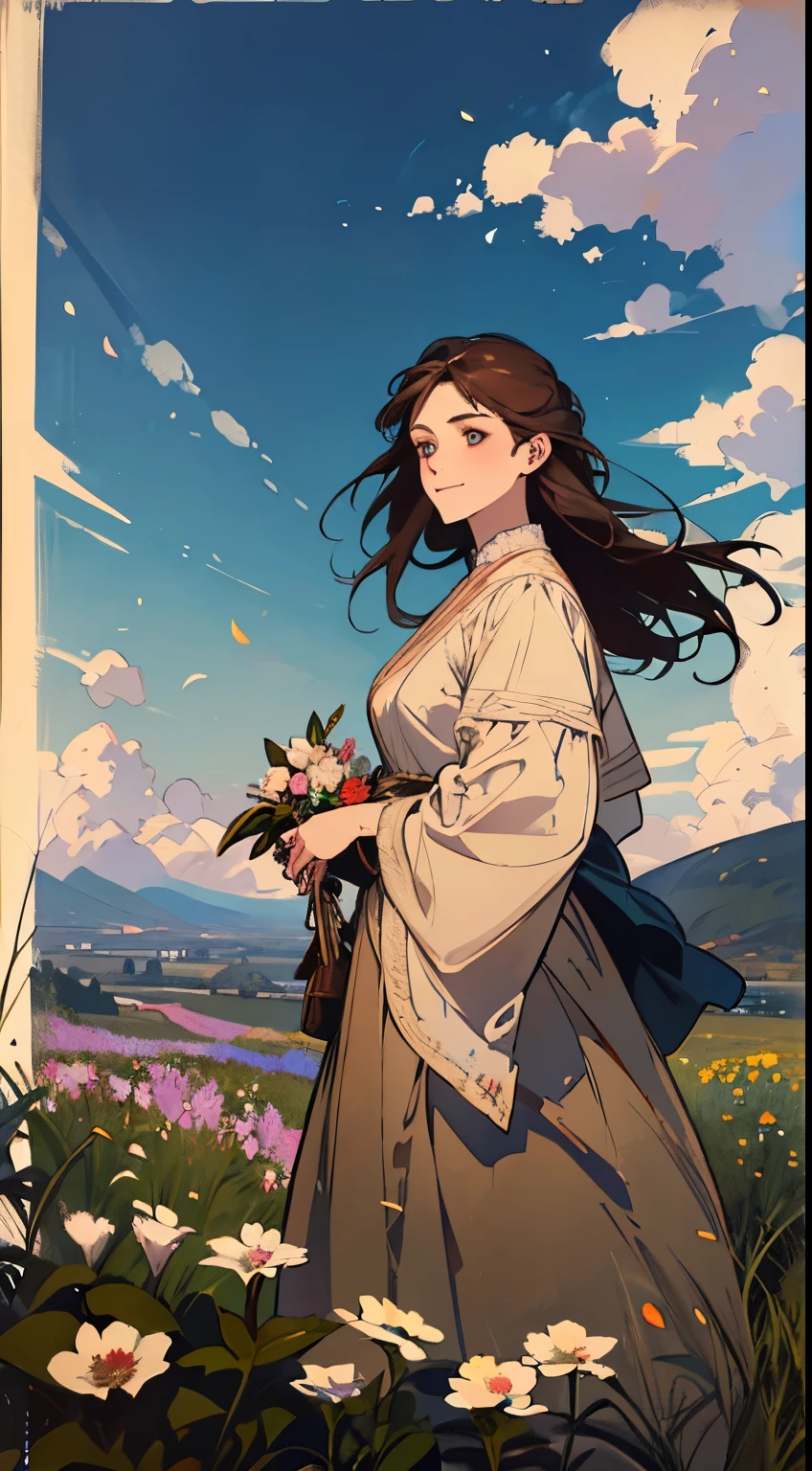 Painting of a woman standing on a hill with flowers in her hands, art by Édouard Bisson, krenzcushart, Opa jeremy lipkin, inspirado em Pierre Auguste Cot, Opa painting style, moebius + Roish + Opa, por Aleksander Gine, Marcos Ariane, inspirado em Cynthia Sheppard