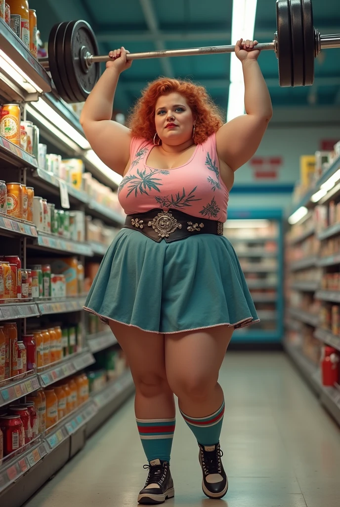 1950s pinup, Beautiful overweight punk woman, reaching, raised arm, supermarket shelves, pink blue multicoloured hair, stockings, garter belt, thick thighs, skater dress, studded belt, grabbing can, plump ass, from side, serious expression